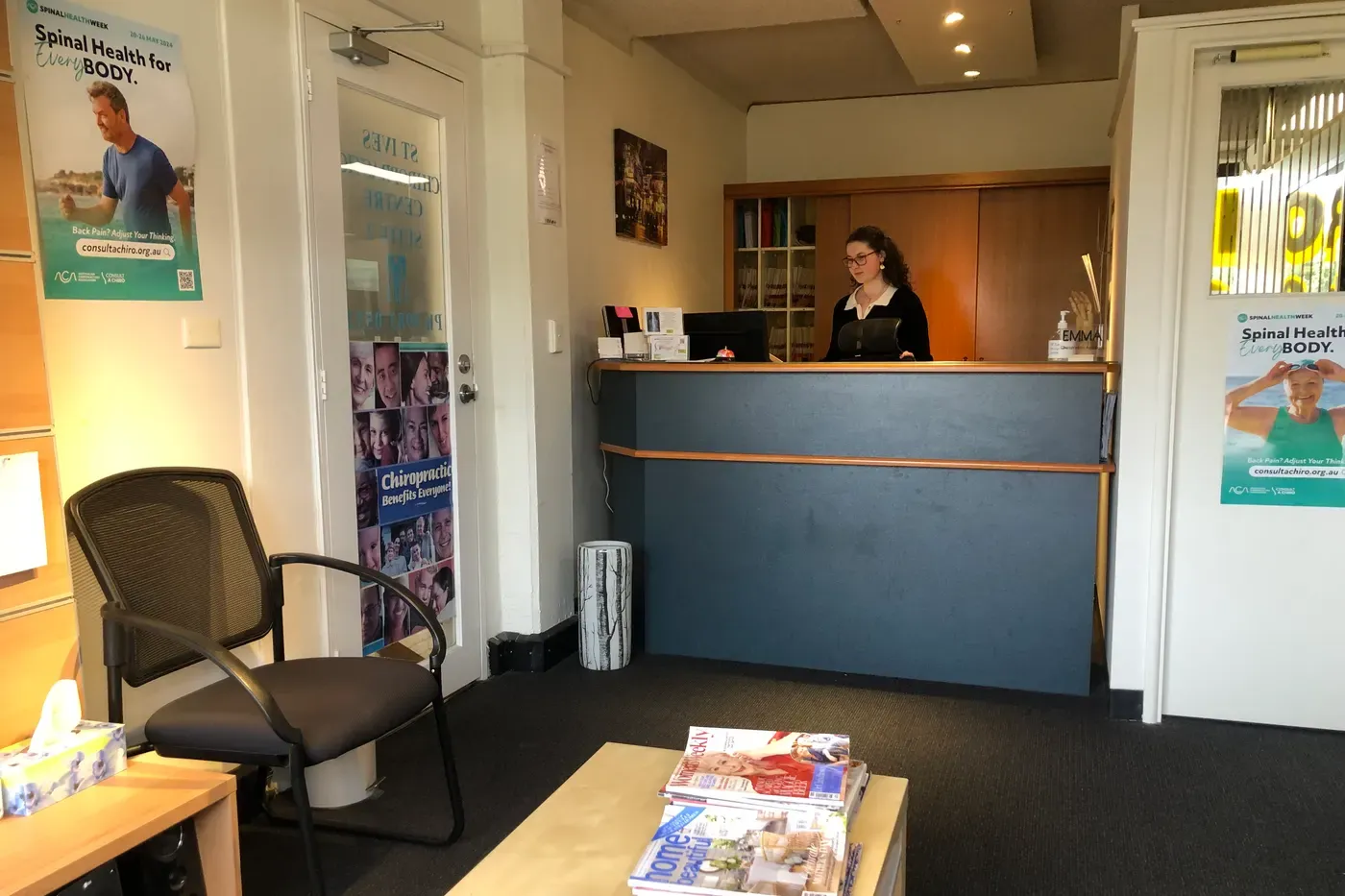 The reception desk and waiting area at St Ives Chiropractic Centre