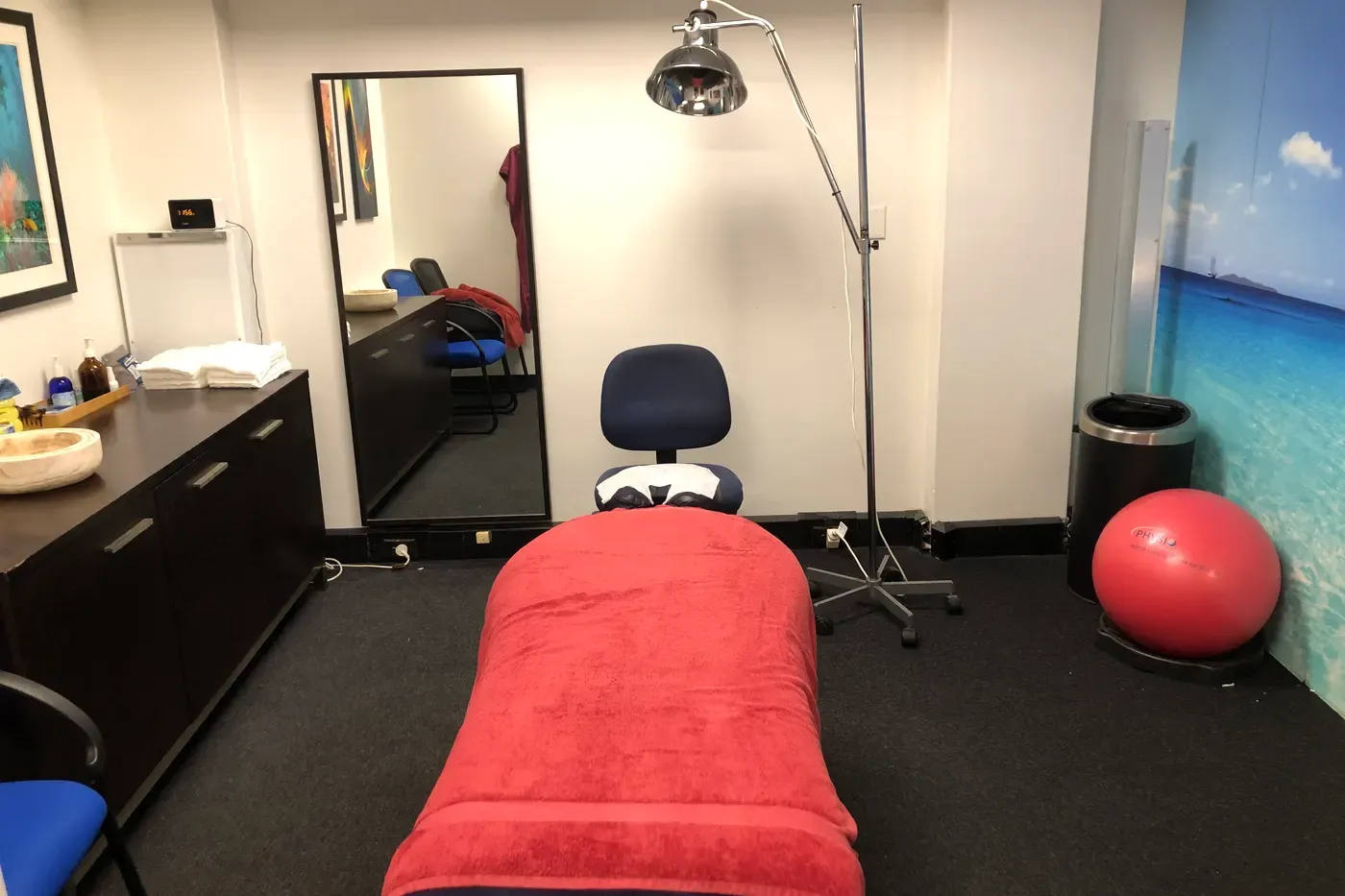 A treatment room at St Ives Chiropractic Centre, with the treatment table ready